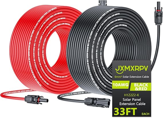 Solar Extension Cable 33Ft 10AWG, Solar Wire with Tool-Free Solar Connectors, Waterproof Solar Panel Extension Cable 6mm2, PV Cable 10Gauge for Home Boat RV Solar Panels(33ft)