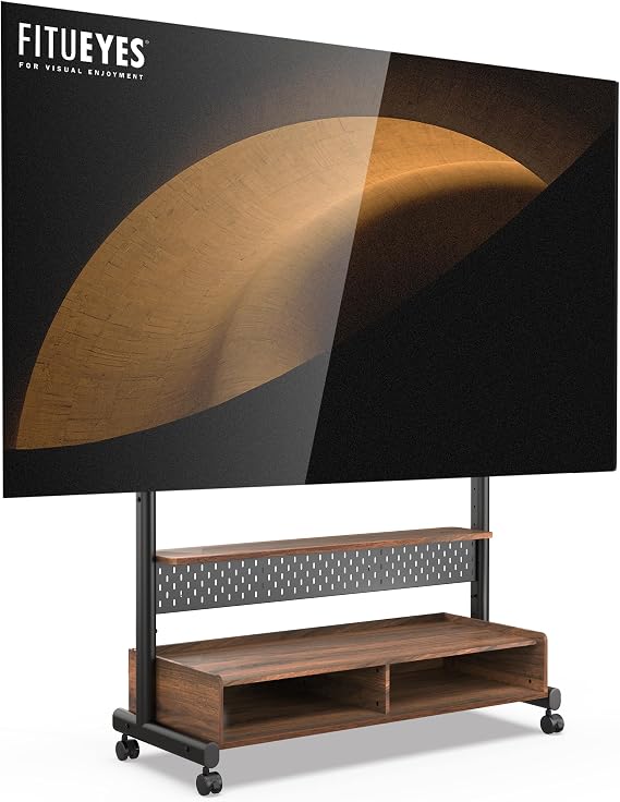 FITUEYES Rolling TV Stand for 70-100 Large TVs, Height-Adjustable, Walnut