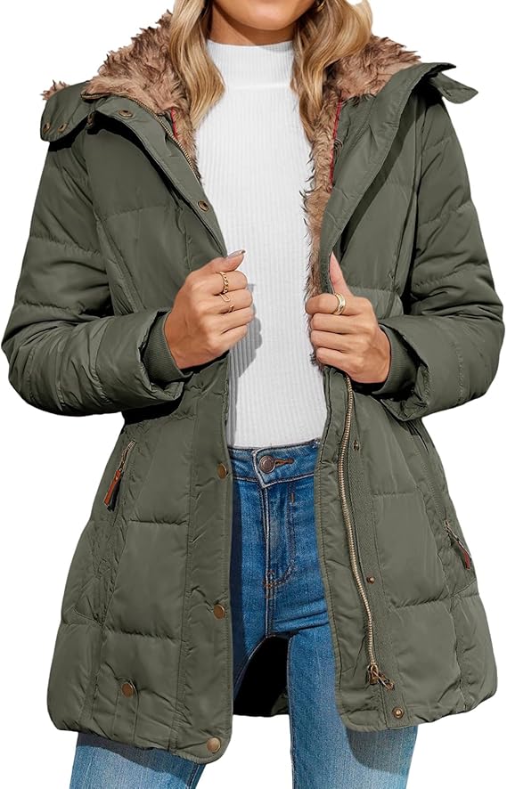 Womens Winter Coats Faux Fur Lined Zipper Up Hooded Down Jackets Thicken Warm Puffer Jacket Fleece Parka Outerwear