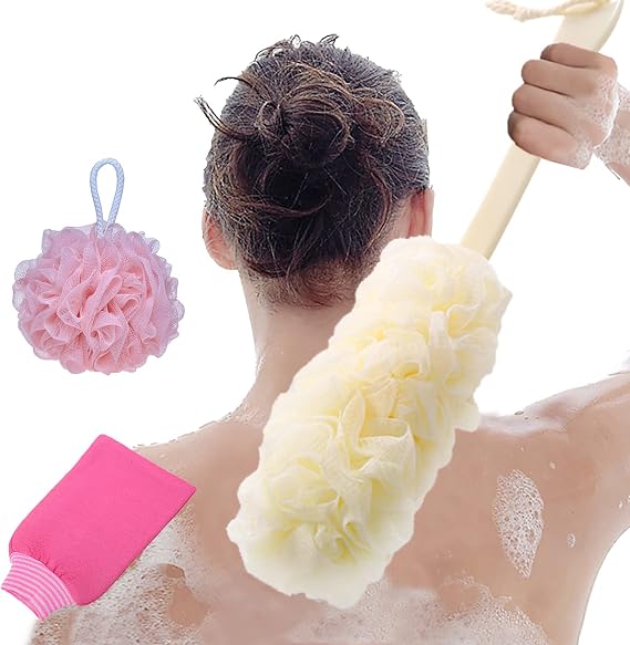 3PCS Exfoliating Body Scrubber Set - Shower Bath Sponge,Long Handle Bath Sponge,Exfoliating Mitt - Beige