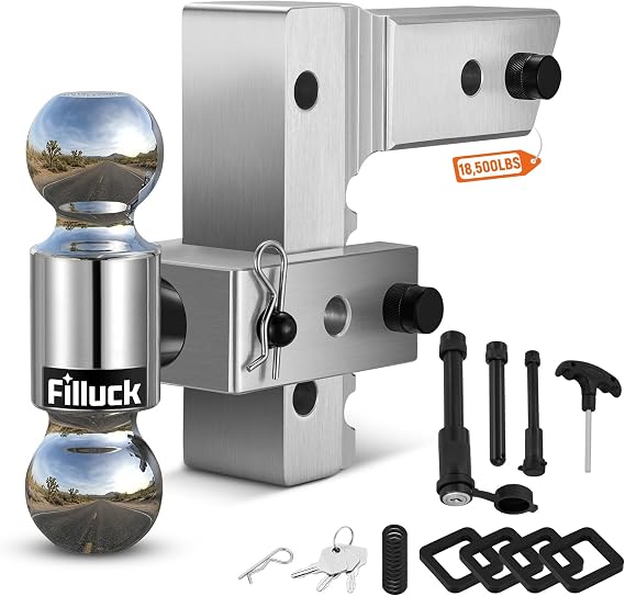 Adjustable Trailer Hitch Fits 2.5" Receiver, 2" & 2-5/16"(18,500 LBS GTW) Rotatable Dual Solid Ball, 6" Drop/Rise Heavy Duty Aluminum Tow Hitch, Trailer Hitches with Anti-Theft Pin, Silver