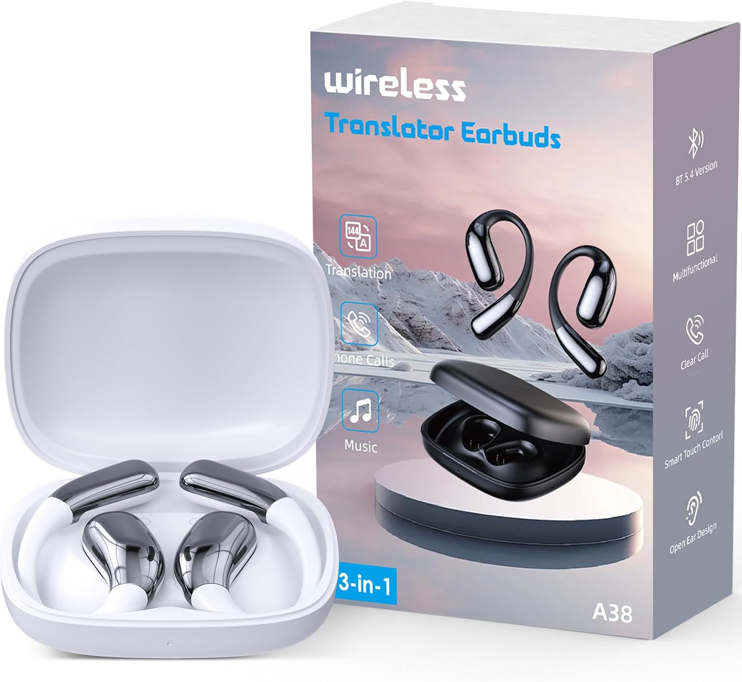 AI Language Translator Earbuds, Translation Earbuds Real Time, 3-in-1 Earbud Translator 144 Languages & Accents, Translation Headphones Fit iOS & Android for Travel Business Learning A38 White