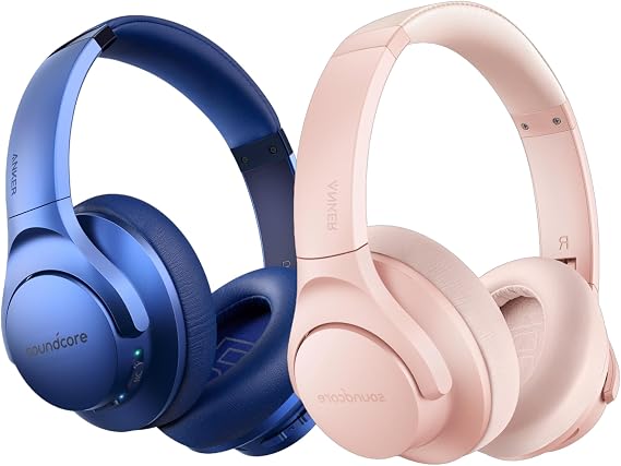 Soundcore Anker Life Q20 Hybrid Active Noise Cancelling Headphones, Wireless Over Ear Bluetooth Headphones, 60H Playtime, Hi-Res Audio, Deep Bass, Memory Foam Ear Cups, Travel (Blue & Pink)
