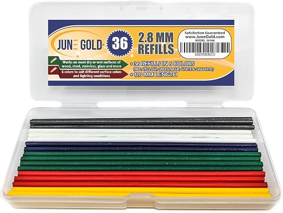 June Gold 36 Colored 2.8 mm Lead Refills, 6 Colors, Deep or Long Reach/Nose | Nib Pencil Refills in Red, Yellow, Green, Blue, White, Black