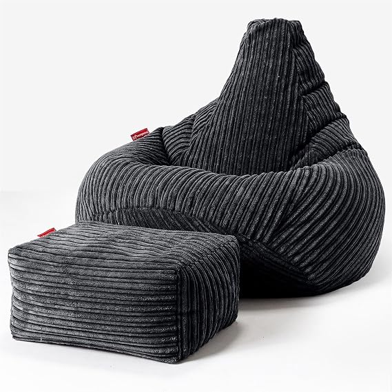 Lounge Pug Cord Highback Bean Bag Chair and Footstool - Gaming Recliner Bean Bags for Adults - Black