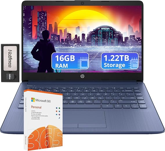 HP Stream 14" HD Lightweight Laptop, Intel Celeron N4120, 16GB RAM, 1.22TB Storage(64GB eMMC+160GB Docking Station Set+1TB Cloud Storage), Intel UHD Graphics, 1 Year Office 365, WiFi, Win 11s, Blue