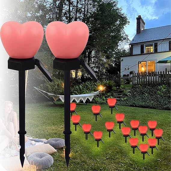 Valentines Day Red Heart Solar Lights Outdoor, 2Pcs Waterproof Valentines Day Solar Garden Light LED Heart Lights Wedding Decorations for Yard Walkway Outside (Pink)