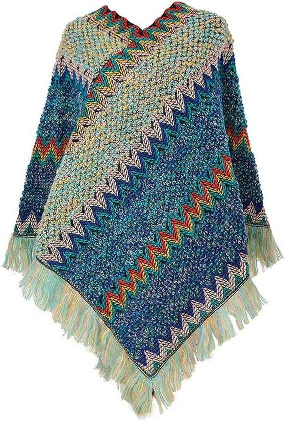 Women's Poncho Sweater Zig Zag Knit Mexican Poncho Wrap Fall Hippie Soft Fringe Crochet Shawl Asymmetrical Cape