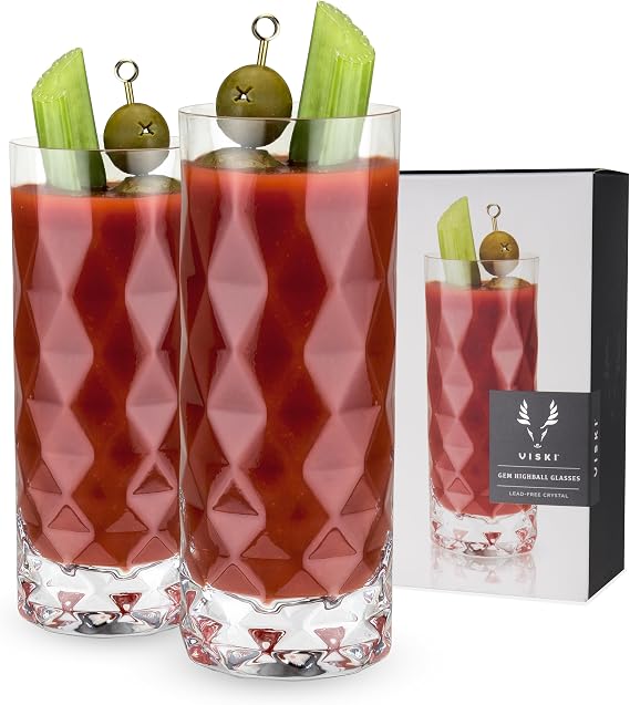 Viski Raye Gem Crystal Highball Tumblers Set of 2 - Premium Crystal Drinking Glasses, Fancy Highball Cocktail Glassware Gift Set, 14 oz