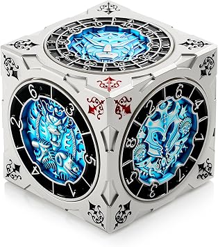 DNDND 7-in-1 Spinner Dice Cube with Gift Box Goristro and Couatl Themed D&D Collector's Set for TTRPG, Ideal Gift for Dungeon Masters and Players (Silver & Blue )