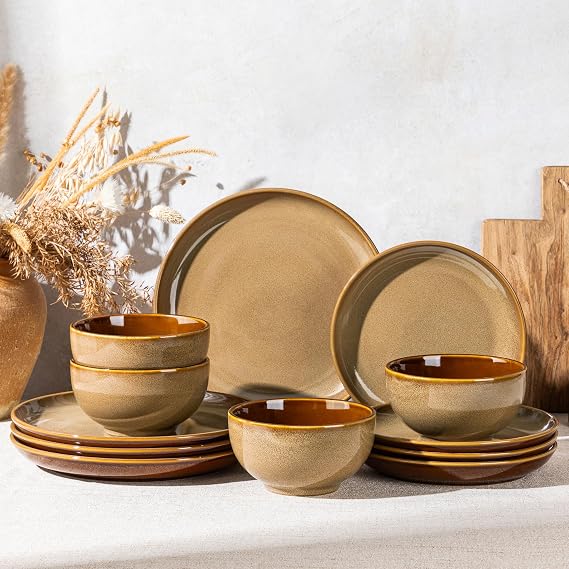LERATIO Porcelain Dinnerware Sets for 4,12 Piece Plates and Bowls Set
