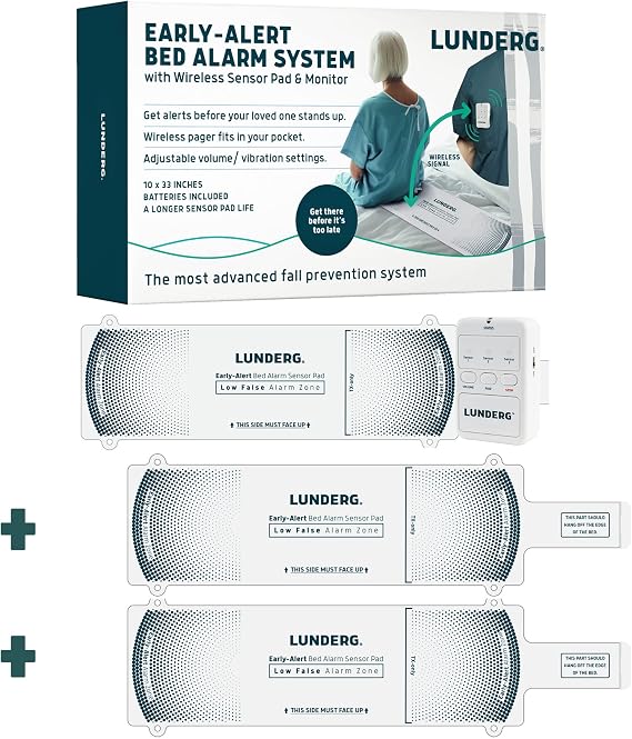 Lunderg Early Alert Bed Alarm System with 3 Wireless Sensor Pads & 1 Pager - Elderly Monitoring Kit with Pre-Alert Smart Technology - Bed Alarms and Fall Prevention for Elderly and Dementia Patients
