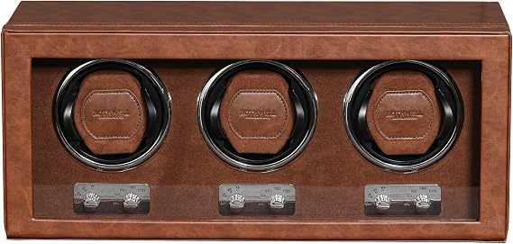 ROTHWELL Triple Watch Winder for Automatic Watches with Quiet Motor with Multiple Speeds and Rotation Settings (Tan/Brown)
