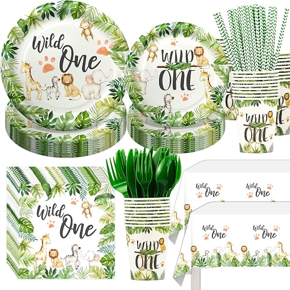 Wild One Birthday Decorations Tableware - Safari Birthday Decorations Including Plates, Cups, Napkins, Tablecloth, Straws, Cutlery, Animal Jungle Theme Wild One Party Supplies | Serve 24
