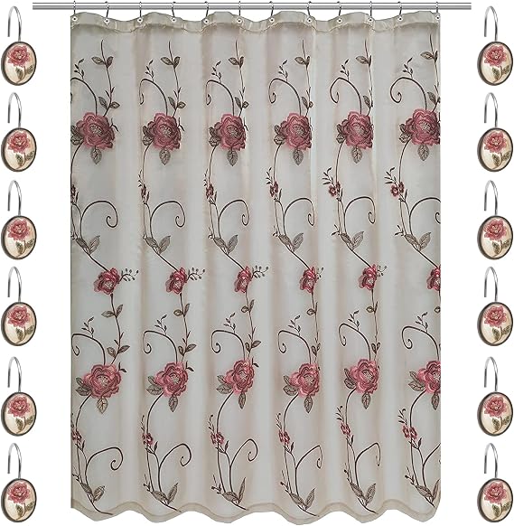 Zahari Home Larrisa Bathroom Sheer Curtain & 12 Hooks, 72x70 inches, Polyester, Floral, Contemporary, Modern Decor