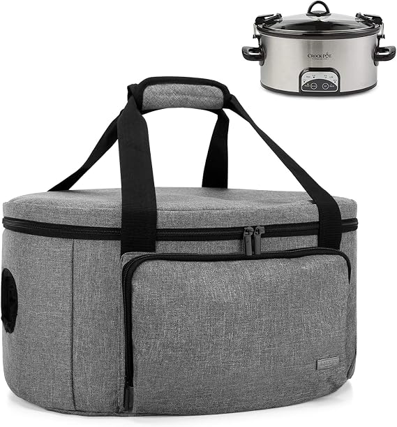 LUXJA Insulated Slow Cooker Storage Bag, Gray |  with Bottom Pad & Lid Fasten Straps, Fits Most 6-8 Quart Oval Slow Cooker