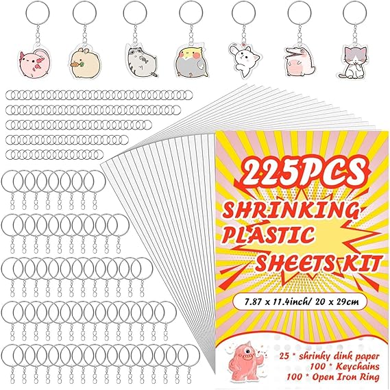 125 Pieces Heat Shrink Plastic Sheet Kit with 25 PCS Shrinky Art Paper and 100 PCS Keychains for Kids Creative Craft Marking, Homemade Shrinky Dinks, Handprint Keychains for Christmas