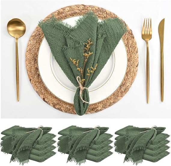 12 Pack Olive Green Cloth Napkins Cotton Linen Napkins 16 x 16 Inch Green Napkin Cloth Handmade with Fringe Soft Napkin Cloths Washable Rustic Dinner Napkin Cloths for Wedding Party Dinner Table