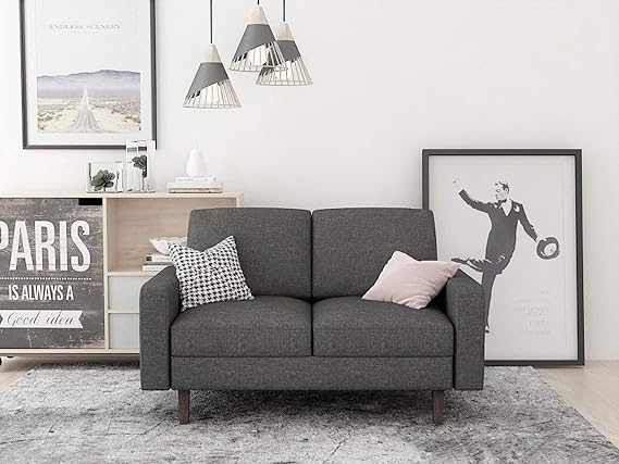 Container Furniture Direct Squared Mid Century Fabric Upholstered Living Room Loveseat, 52", Light Grey