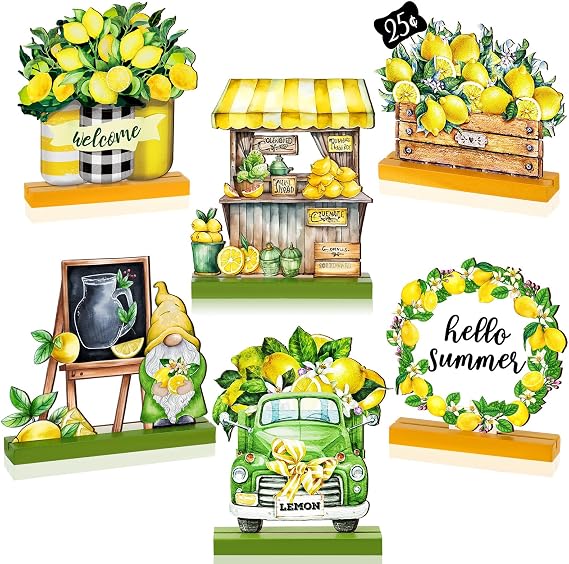 Wenqik 6 Pcs Summer Lemon Table Decor Lemon Signs Wooden Tabletop Centerpiece Decorations Rustic Summer Tiered Tray Decor for Home Party Office Kitchen Shelf Display
