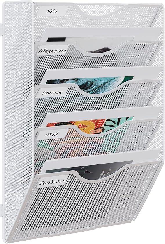 EasyPAG 5 Compartments Metal A4 Magazine Holder Wall Magazine Wall Holder File Tray Document Holder Hanging Magazine Organiser Flyer Holder Brochure Dispenser White