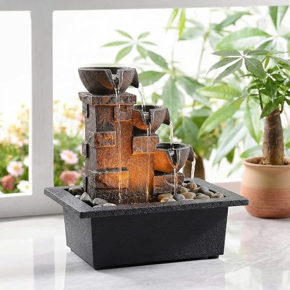 GOSSI 3-Tier Stone Wall Tabletop Water Fountain with Natural River Rocks, LED Lights, Zen Meditation Waterfall for Office and Home Decor, Relaxing Desktop Fountain, Christmas Decoration