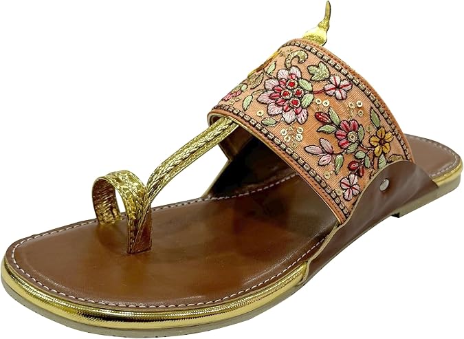 Shoe Bazar Women Ethnic Kolhapuri Sandals Peach Multicolor Indian Flip Flops