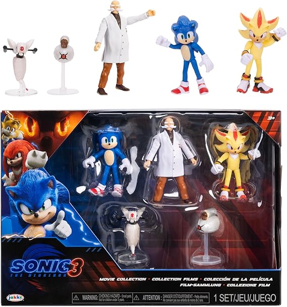 Sonic 3 Movie Action Figures 2.5-Inch Movie Collector Toy Figure Multi-Pack, Wave #3 Includes Sonic, Gerald Robotnik, Super S, Buzzbomber & Burrito Drone- Officially Licensed Toys
