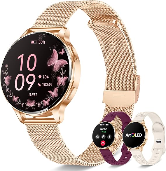 Smart Watches for Women, 1.27 AMOLED Fitness Tracker with Heart Rate SpO2 Sleep Monitor, 3 Bands, 120+ Sport Modes, Call & Notifications, Smartwatch for Android & iPhone Compatible, 40 mm Rose Gold
