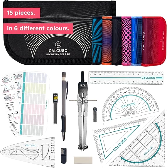 15-Piece Professional Maths Set & Geometry Sets for Secondary School – Compass Maths, Protractor and Compass Set – Premium Zipper Case in 6 Colours