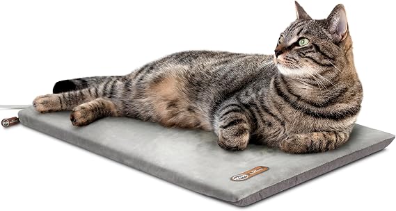 K&H Heated Cat Bed, Thermo-Kitty Mat Indoor, Safety Listed, 6W, Gray | Removable Waterproof Cat Heating Pad, Reversible Calming Warm Foam Pet Pad, Machine Washable, Smart Thermostat, 25x12.5in