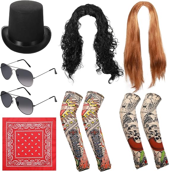 Cindeer 8 Pcs Halloween Rocker Costume 80s Wig Hat Tattoo Sleeves Bandana