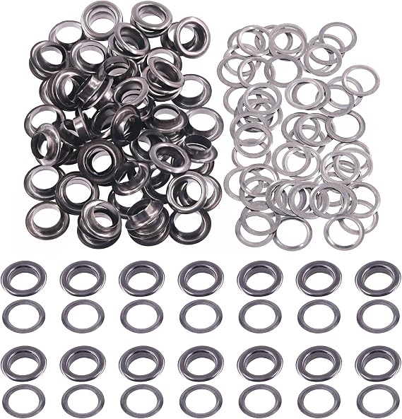 Rustark 100 Sets 3/8" 10mm Thickened Grommets Eyelets with Washers, Gun Black Metal Eyelet Grommets Kit for Leather, Canvas, Tarp, DIY Craft Projects