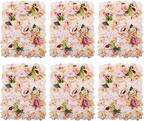 6 Pcs Flower Wall Panels Kit, 2416in Artificial Silk Roses, Floral Backdrop, Non-Wilting Artificial Flower Wall for Wedding Sites, Photography Buildings, Clothing Stores, Home Walls-Pink and Yellow