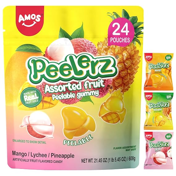 Amos Peelerz Assorted Peelable Gummy Variety Pack Mango, Lychee & Pineapple | 24 Individually Wrapped Packs (608g) | Fun, Chewy, Shareable Treat