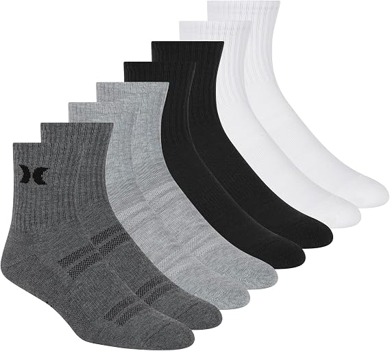 Hurley Men's 8 Pack High Quarter Crew Socks, Grey/Black, 10-13