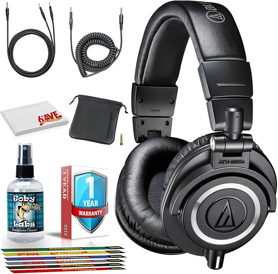 Audio-Technica ATH-M50x Monitor Headphones (Black) with 6Ave Cleaning Kit and 6-Pack Reusable Cable Ties