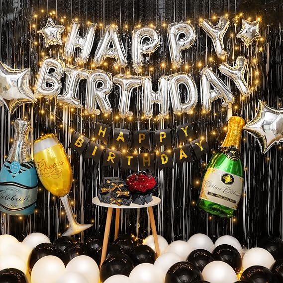 Birthday Party Decoration For Adult Happy Birthday Banner Black and White Balloons Party Supplies With String Light for Men and Women- All Total 60 Pcs