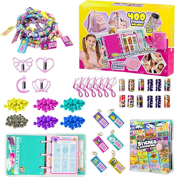 Sticky Rolls Bracelet Kit with Collection Book, 400 Mini Sticker Set, Wearable & Shareable Sticky Rolls, Kids Beading Set for Bracelet & Necklace Making, 1000+ Designs (4 x Pendant & 6X Drop)