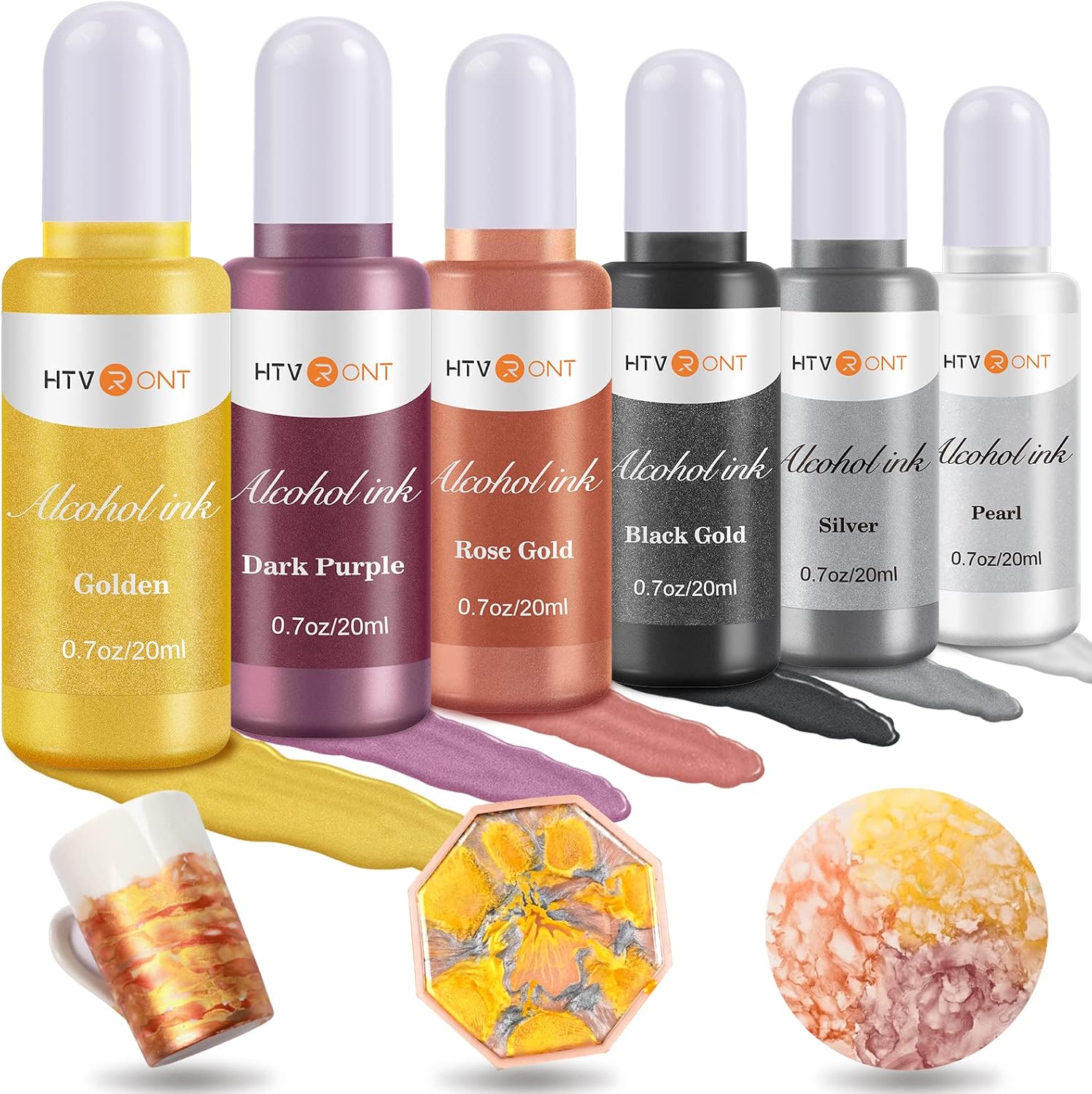 HTVRONT Metallic Alcohol Ink Set - 20ml x 6 Vibrant Metallic Colors Alcohol-Based Resin Ink, Concentrated Shimmer & Easy to Mix Alcohol Ink for Epoxy Resin, Yupo, Painting, Tumbler Cups, Coaster