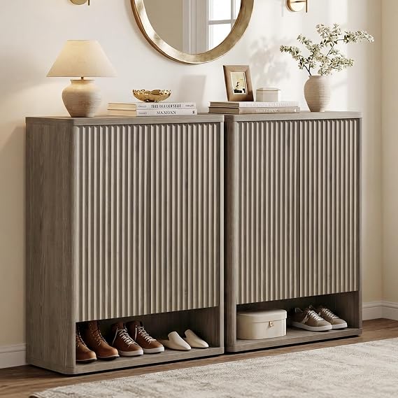 SICOTAS Shoe Cabinet 44 inch Tall Fluted Shoe Cabinet with Doors & 4 Shelves Wooden Large Hidden Shoe Storage Organizer Modern Free Standing 6-Tier Cabinet for Entryway Living Room Closet