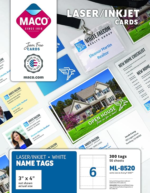 MACO Laser/Ink Jet White Name Tags, 3" x 4", 6 per Sheet, 300 per Box (ML-8520)