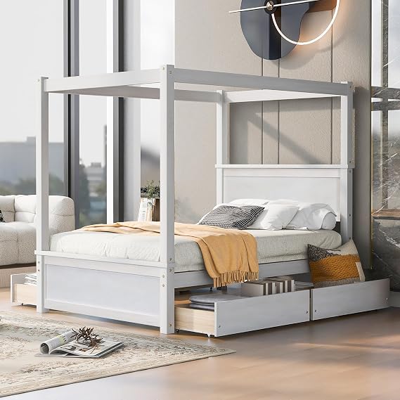 LUMISOL Full Size Canopy Bed with 4 Storage Drawers and Headboard, Solid Wood Four Poster Bed Frame with Support Slats, Wood Canopy Platform Bed for Kids, No Box Spring Needed, White