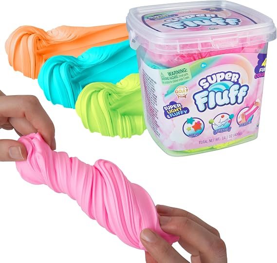 ORB Super Fluff Slimi 4 Pack Bucket Color Set 2 - Pink, Turquoise, Orange, Lime-Green - Fun, Fluffy Sensory Slime to Mold, Bounce, Stretch - Perfect for Play, Stress Relief, Gifts for Kids and Adults