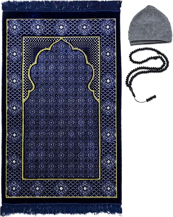 Modefa Muslim Prayer Rug Plush Velvet Salah Mat, Floral Stamp Ipek (Blue #2)