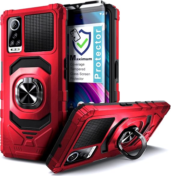 NZND Case for BLU G91 Max with Tempered Glass Screen Protector (Maximum Coverage), Full-Body Protective [Military-Grade], Magnetic Car Mount Ring Holder Case Cover (Red)