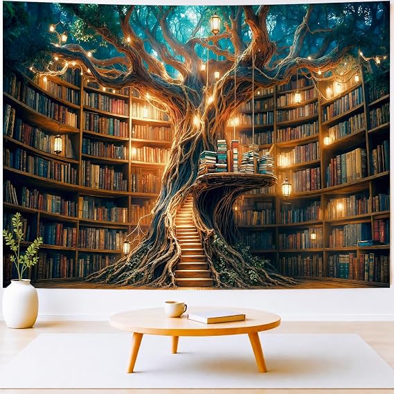 Delur Fantasy Library Tapestry Mysterious Bookshelf Fairytale Magic Tree Tapestry Wall Hanging Vintage Book Art Abstract Psychedelic Headboard for Bedroom Living Room Home Decor (59.1" x 78.7")