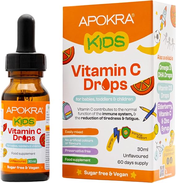 Vitamin C Drops - Vegan - 60 Days Supply – 30mL – Preservative Free and Sugar Free Vitamin C for Kids - VIT C 25mg per 0.5mL | APOKRA Kids