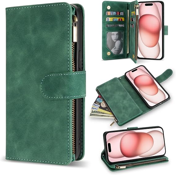 for iPhone 15 Wallet Case Zipper Pocket 6.1 inch,Green