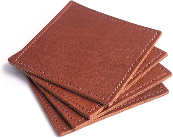 American Made Leather Coasters - Premium Full Grain Leather, Double Layered Square Rustic Brown Coaster Set, 4x4 - Handmade in The USA - Set of 4